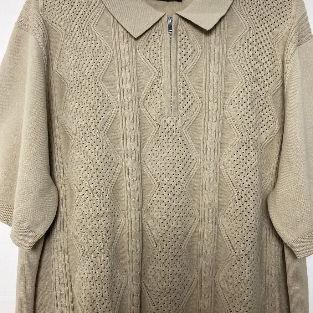 Elie Tahari Polo Shirt Sweater Mens XL Beige Tan Textured Knit Short Sleeve Zip